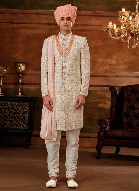 Hand Embroidery Georgette Cream Sherwani - M4310