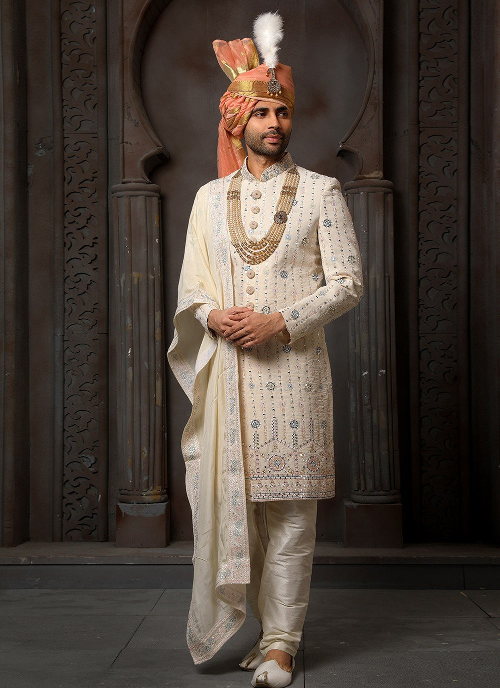 Machine Embroidery Georgette Cream Sherwani - M4115