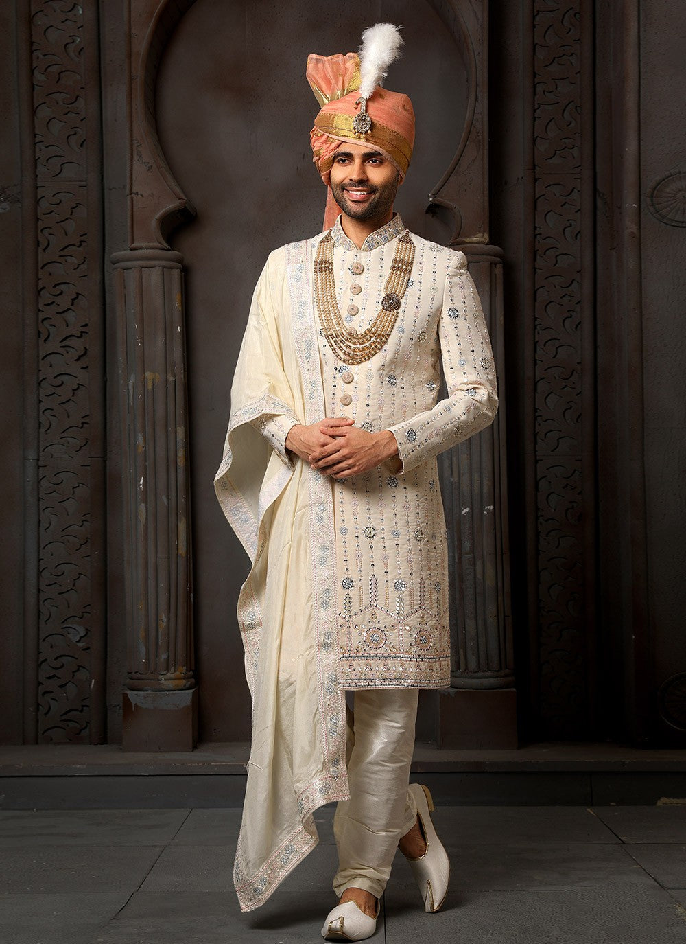 Machine Embroidery Georgette Cream Sherwani - M4115