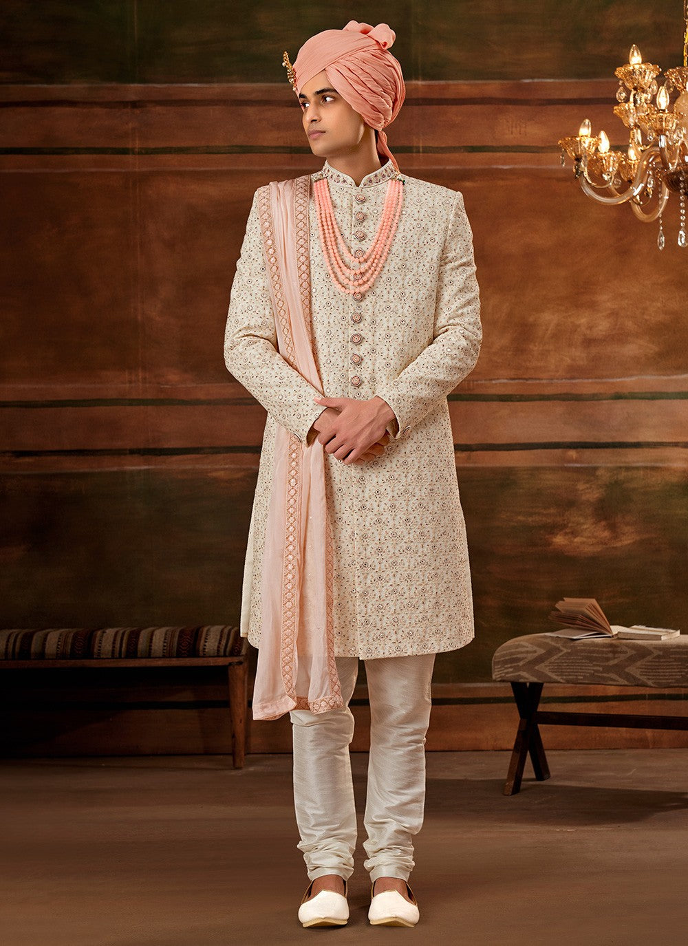 Hand Embroidery Georgette Cream Sherwani - M4290