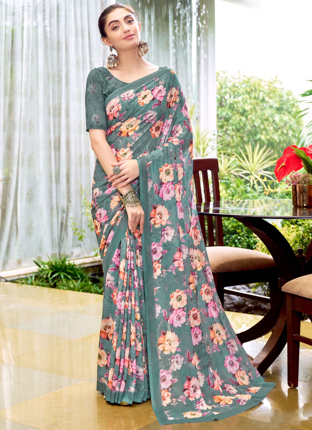 Classic Digital Print Georgette, Weight Less Saree - S9179