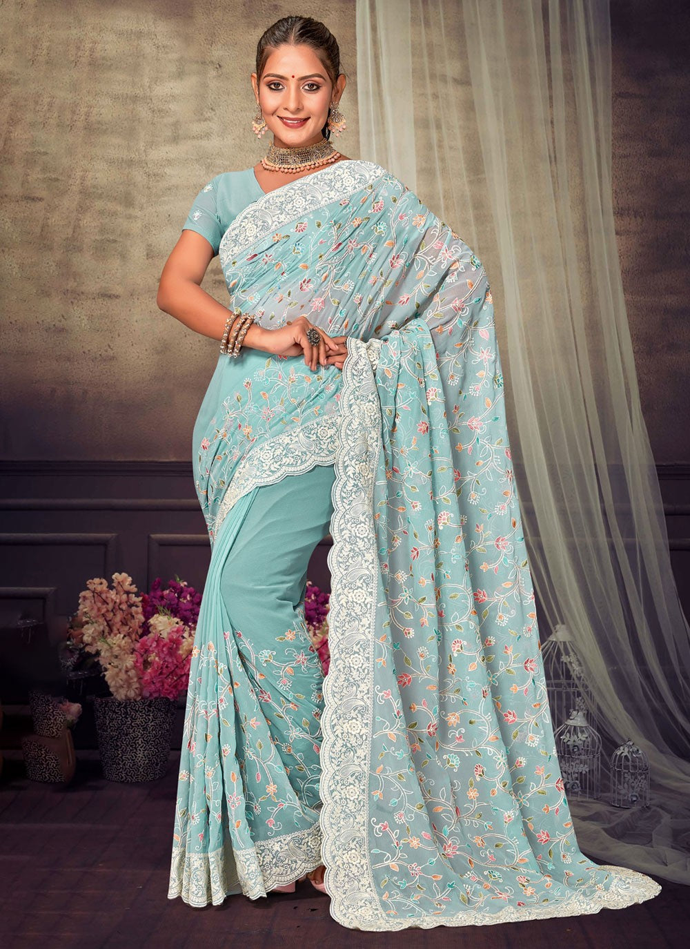 Trendy Embroidered Georgette Saree - S4200