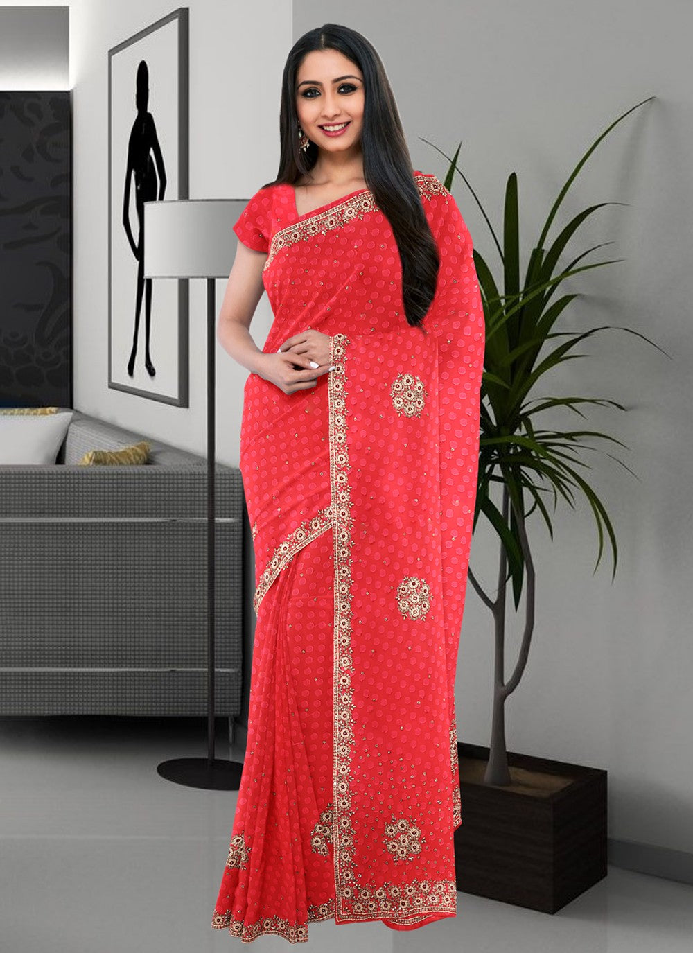 Trendy Embroidered Kanjivaram Silk Saree - S3435