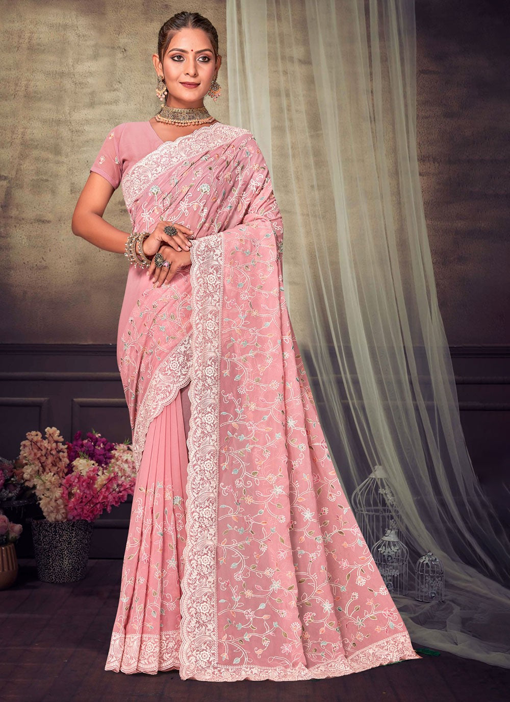 Trendy Embroidered Georgette Saree - S4200