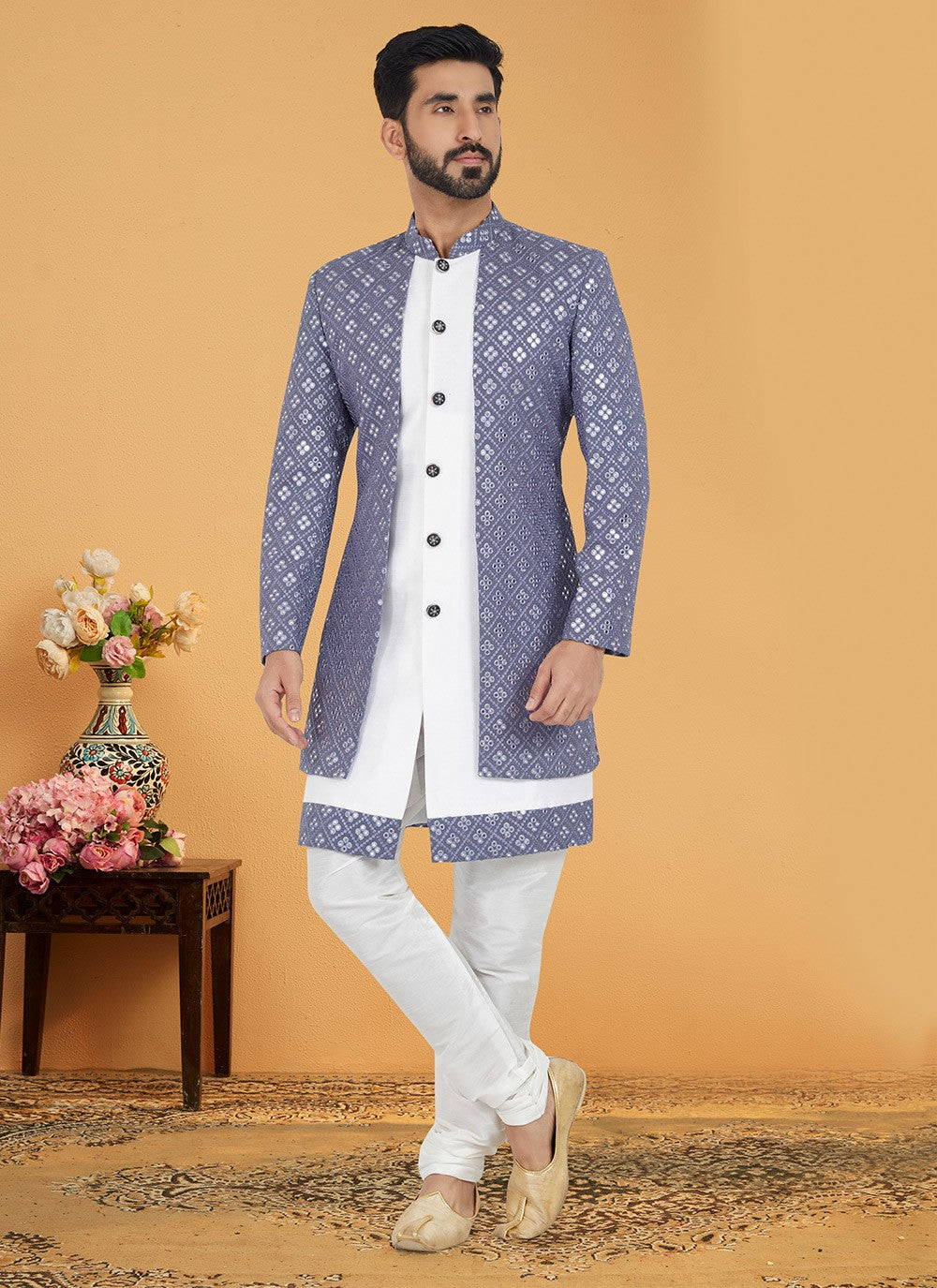 Embroidered Banarasi Silk, Georgette Grey, White Indo Western - M5001