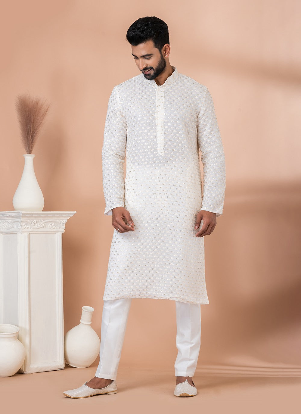 Embroidered Georgette White Kurta Pyjama - M6831