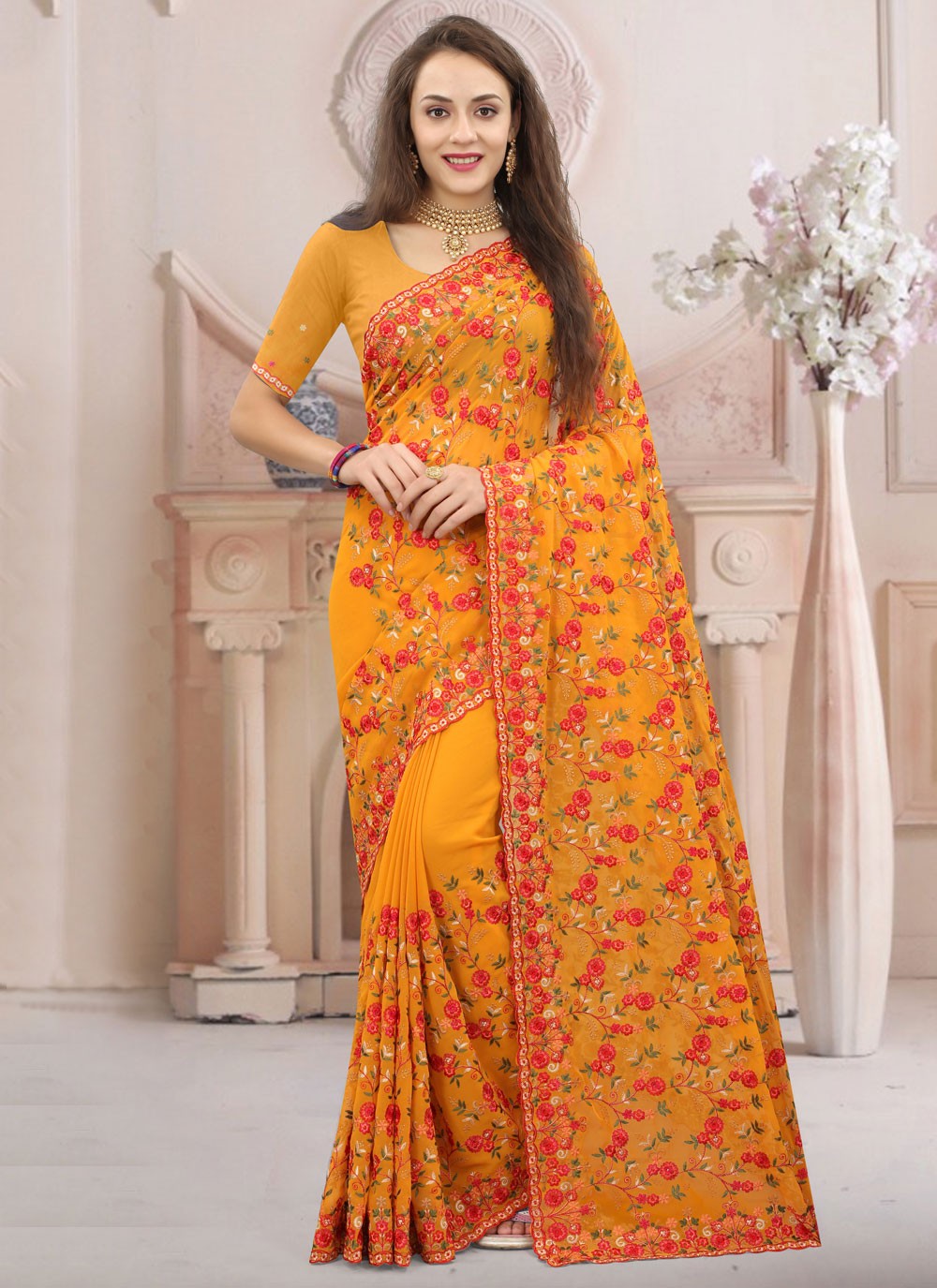 Classic Embroidered Georgette Saree - S9764