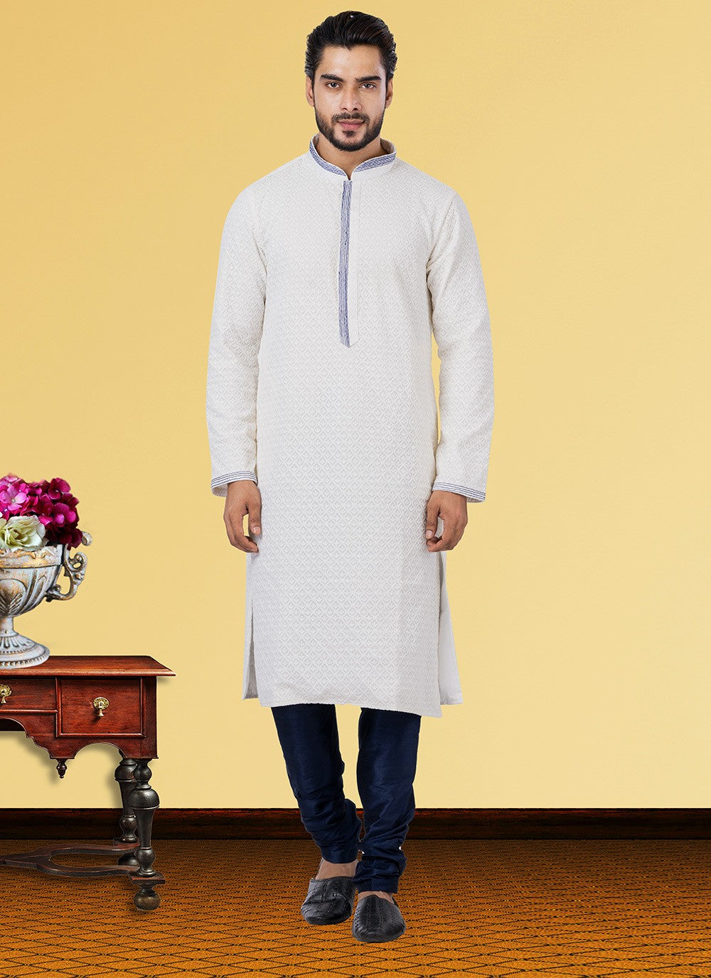 Embroidered Georgette Off White Kurta Pyjama - M3741