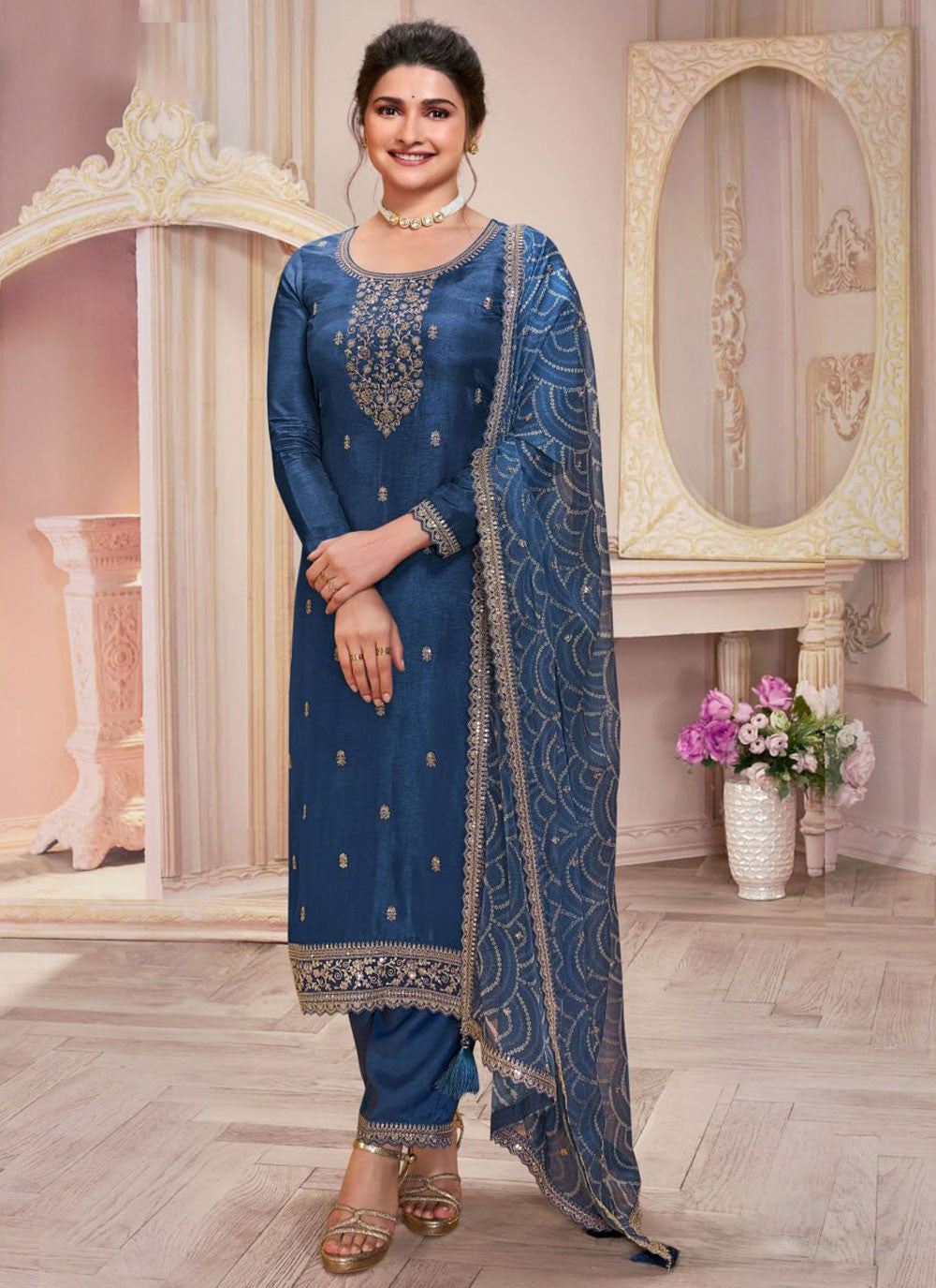 Embroidered Georgette Pant Style Suit - T4458