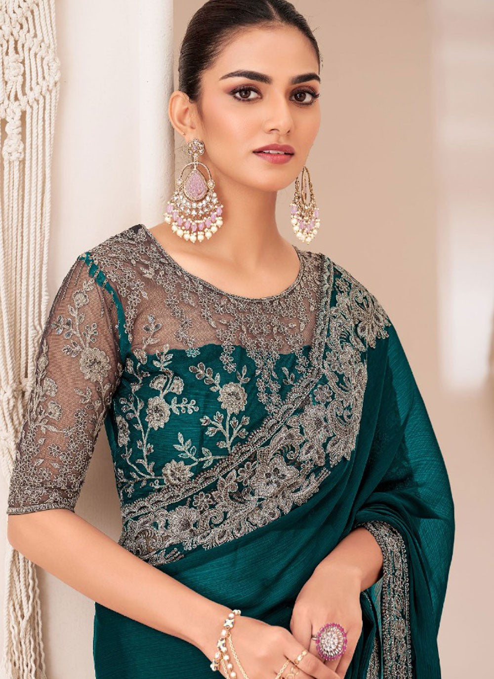 Embroidered, Lace Chiffon Saree - S11765