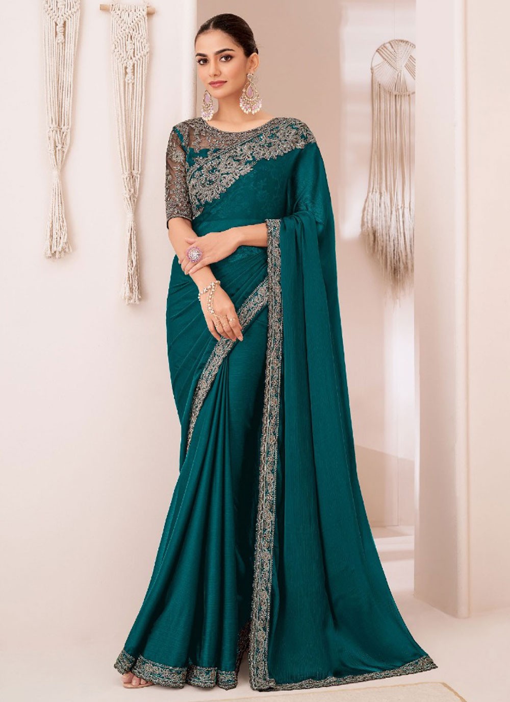 Embroidered, Lace Chiffon Saree - S11765