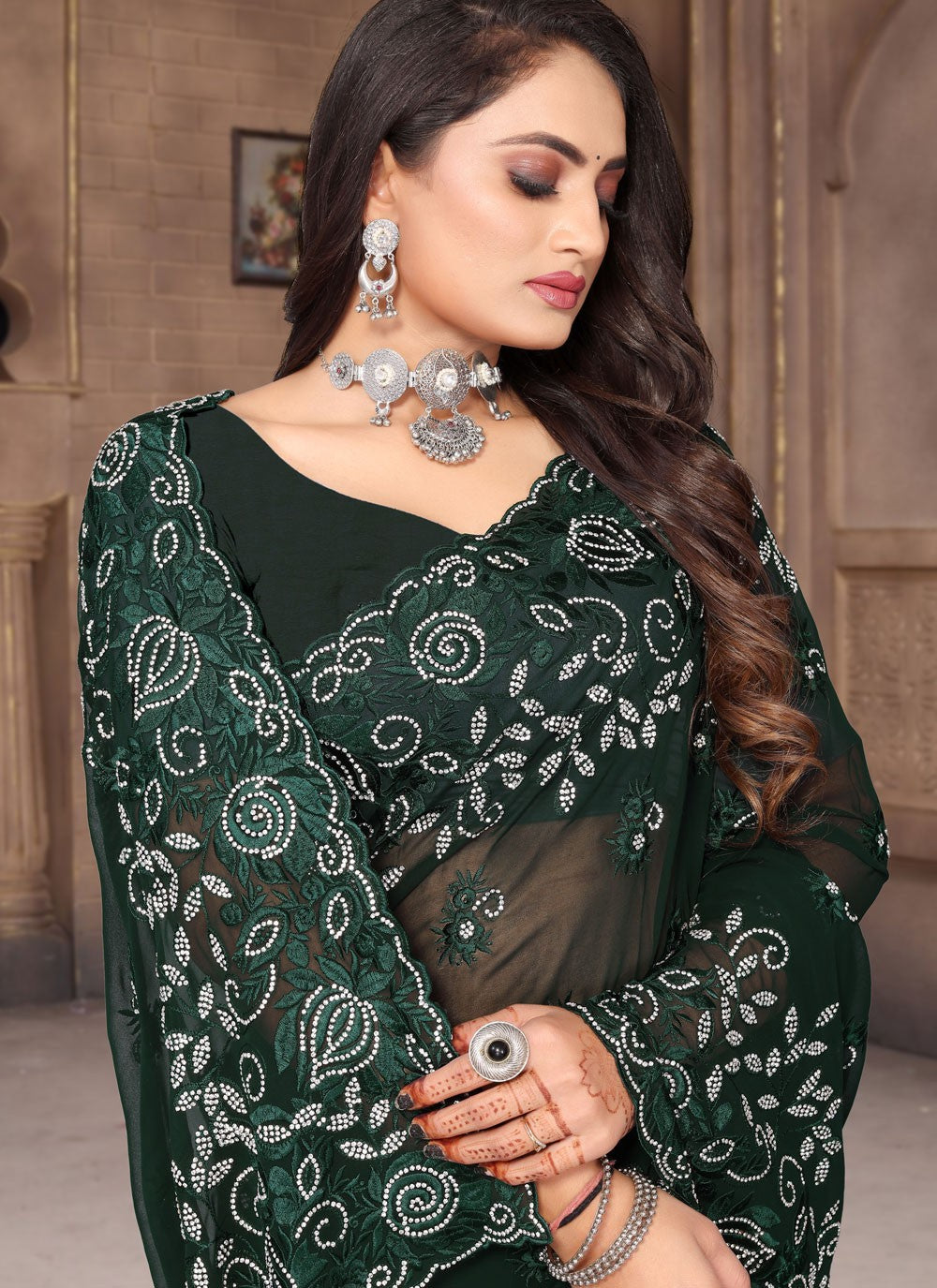 Trendy Machine Embroidery Georgette Saree - S4263