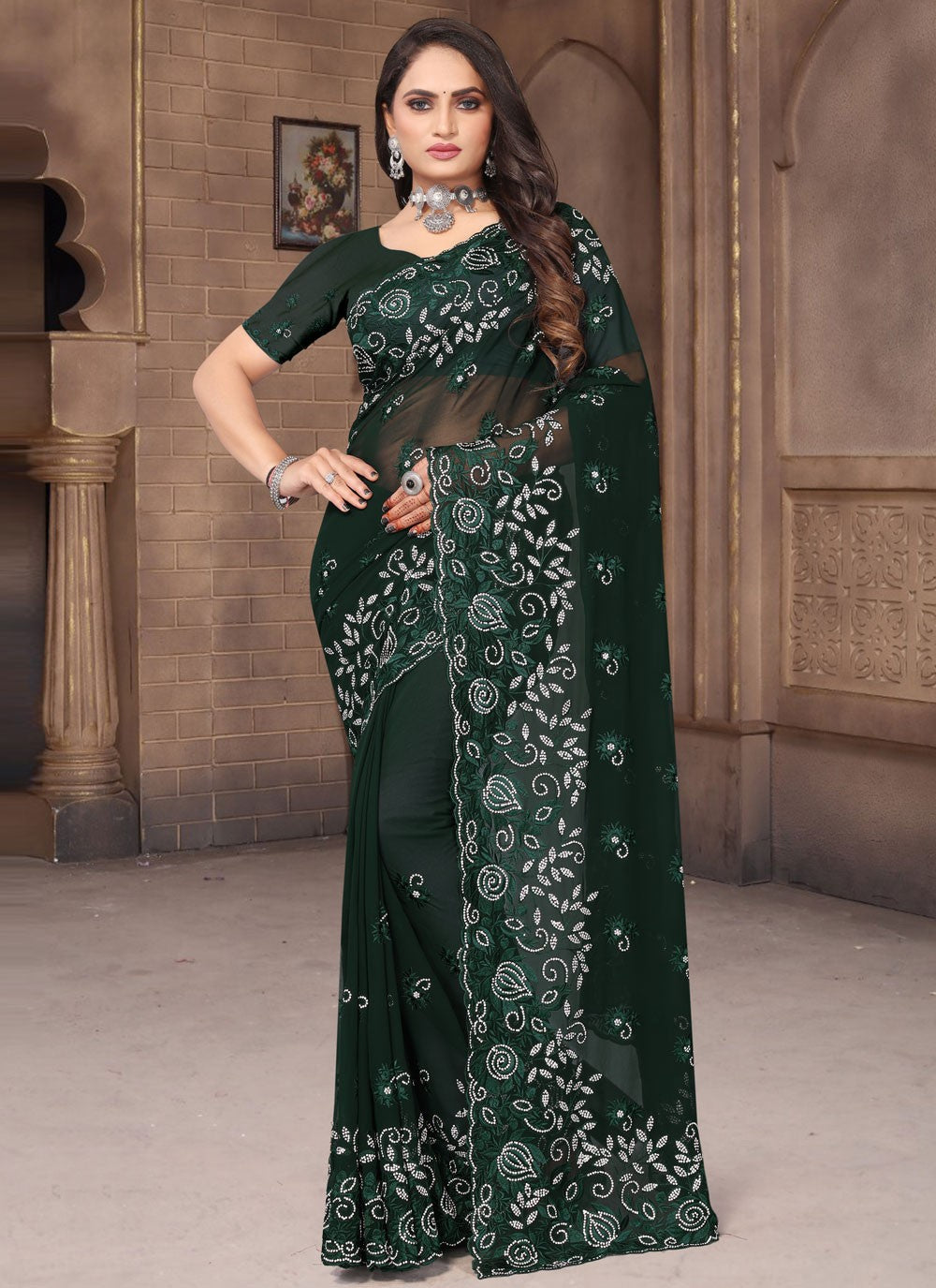 Trendy Machine Embroidery Georgette Saree - S4263