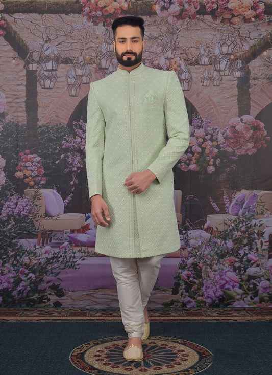 Embroidered Georgette, Lucknowi Green Sherwani - M3300