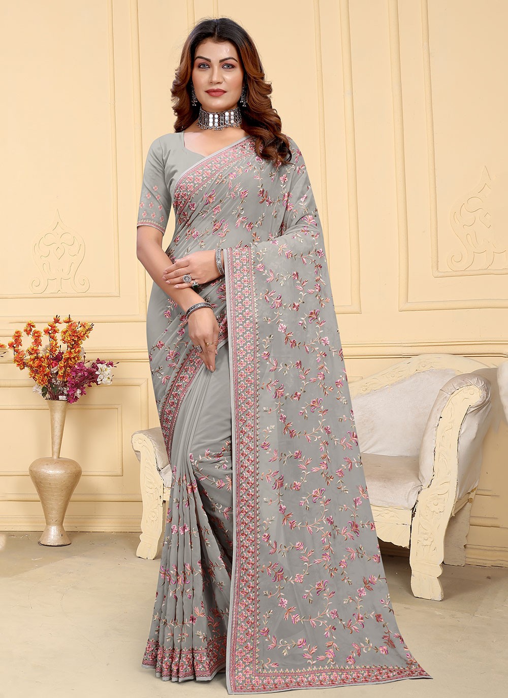 Designer Embroidered Georgette Saree - S5607