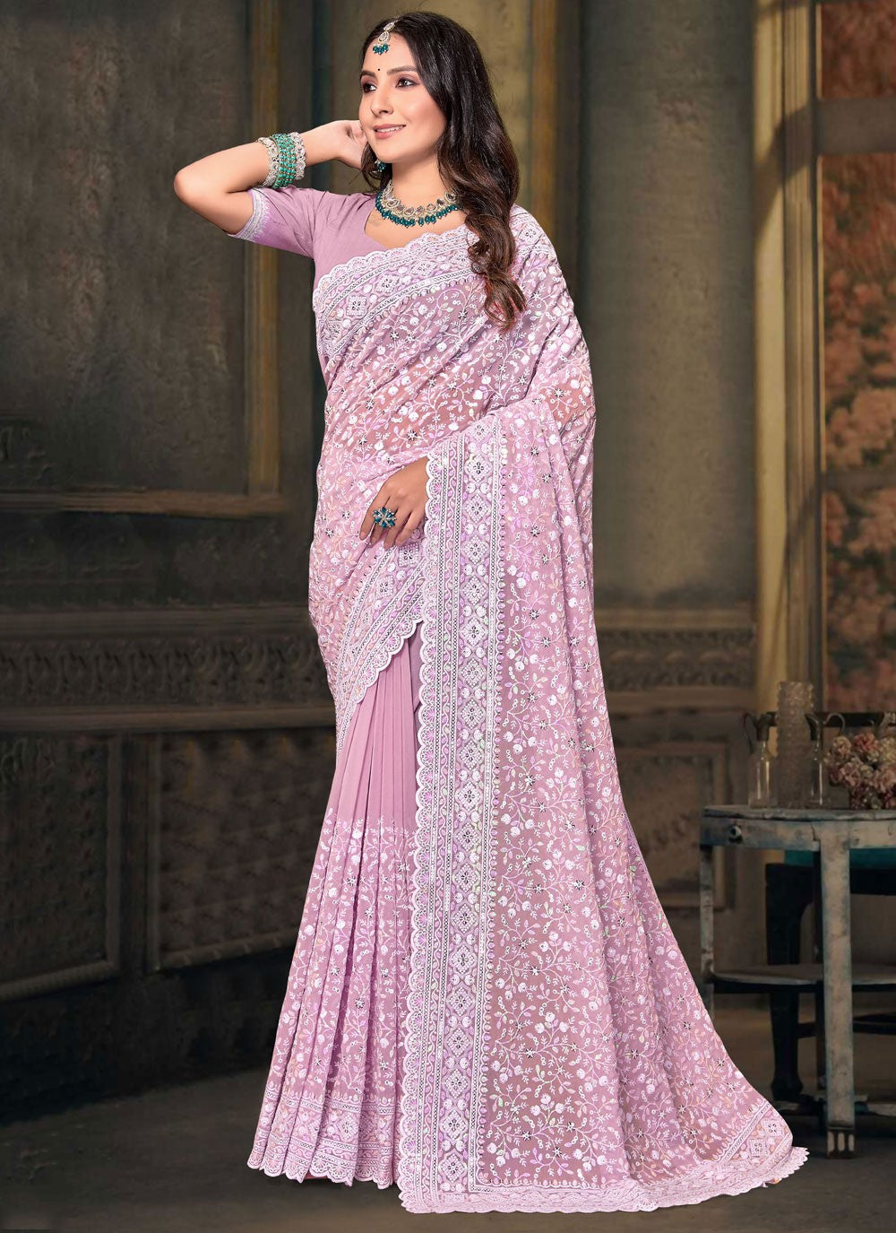 Classic Embroidered Georgette Hot Pink Saree - S11081