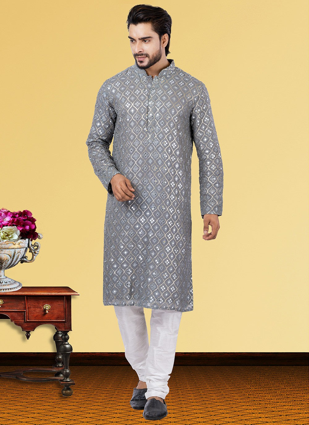 Embroidered Georgette Grey Kurta Pyjama - M3725