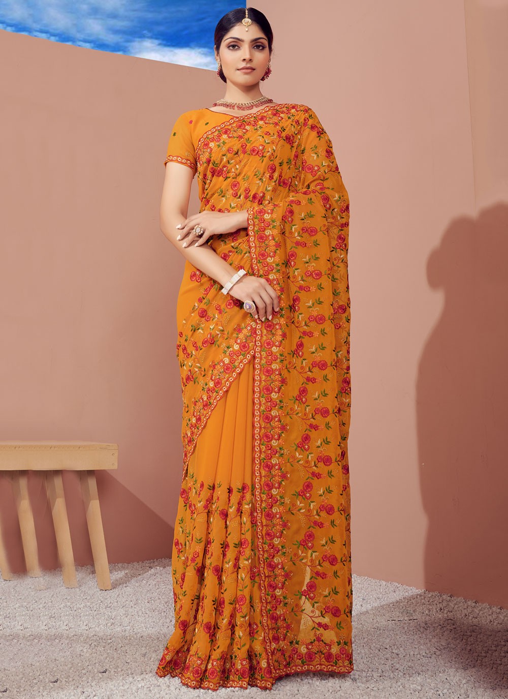 Classic Embroidered Georgette Saree - S9764