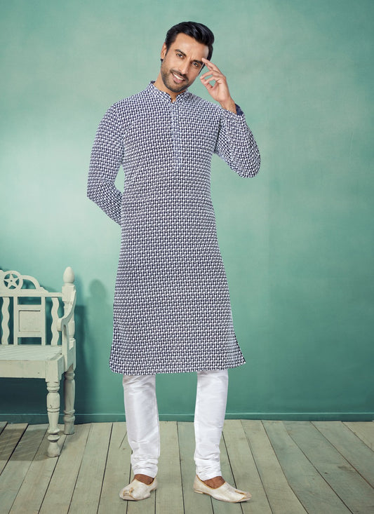 Embroidered Georgette Navy Blue Kurta Pyjama - M4983