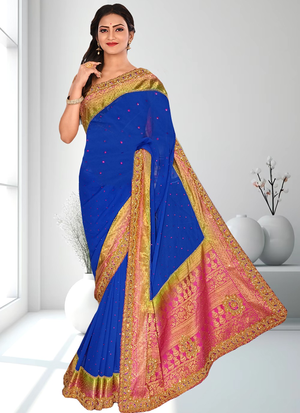 Contemporary Embroidered Kanjivaram Silk Saree - S4602