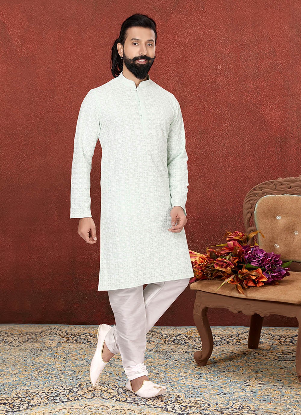 Embroidered Georgette Off White Kurta Pyjama - M2573