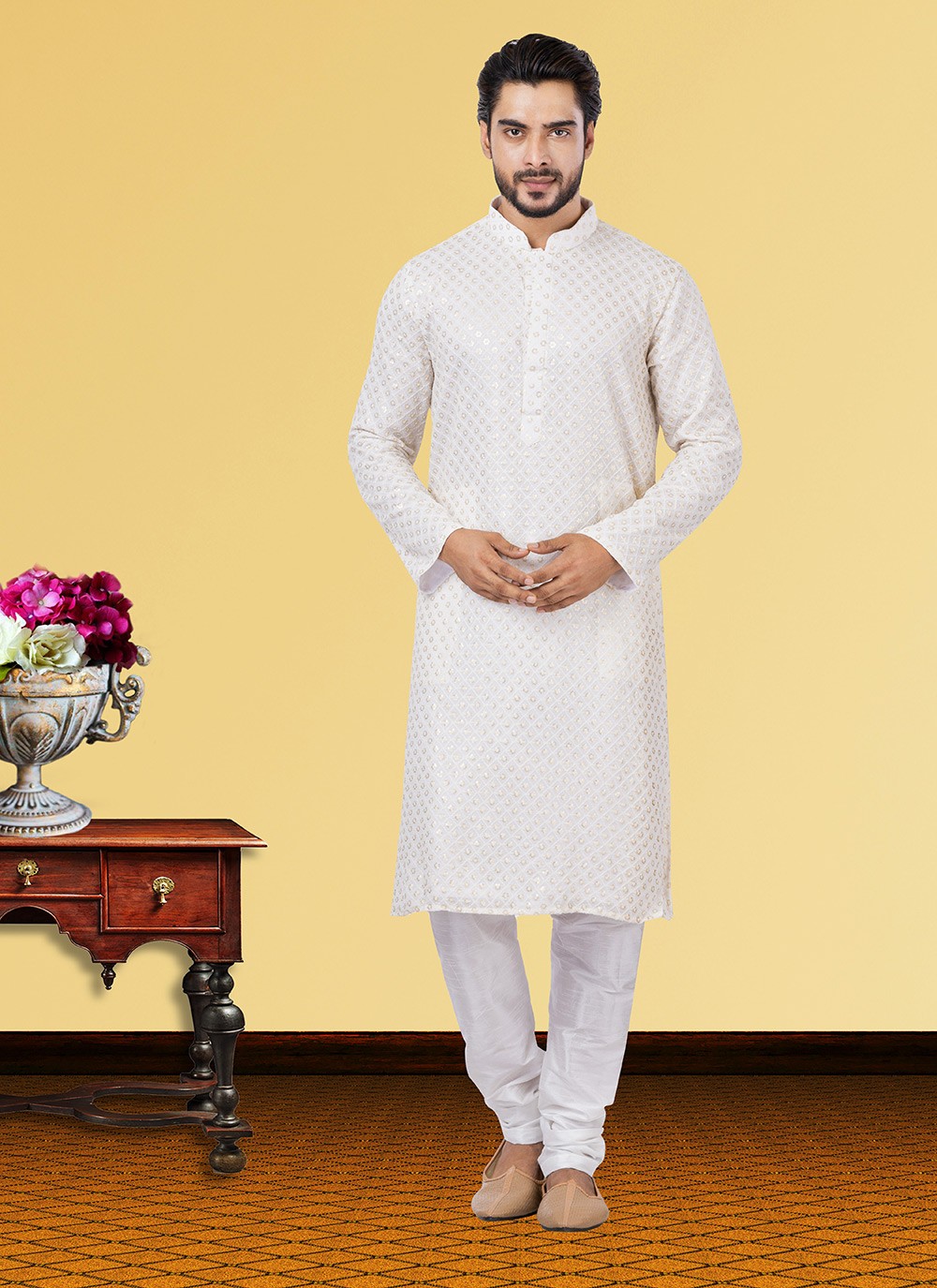 Embroidered Georgette Off White Kurta Pyjama - M3730