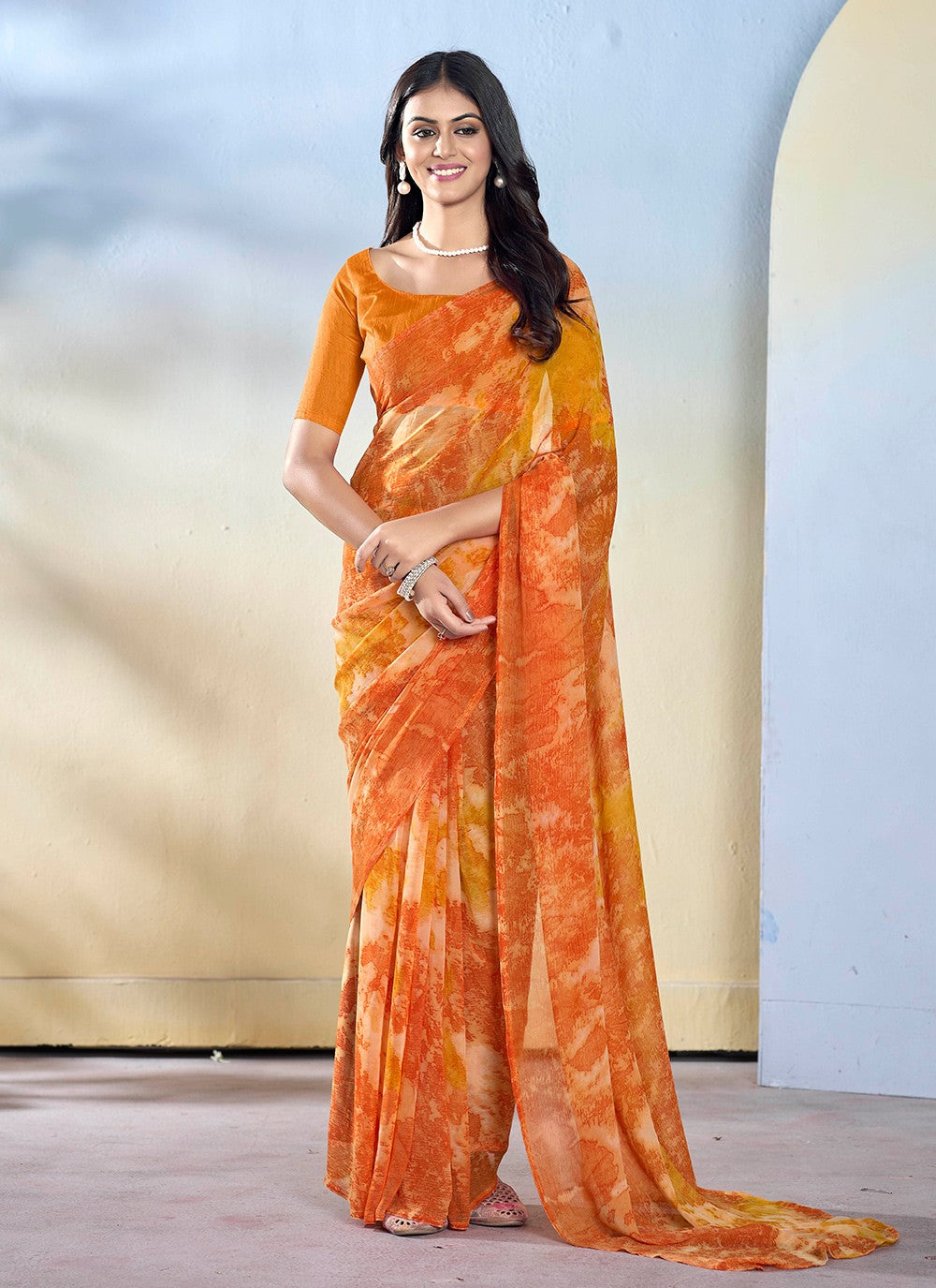 Classic Printed Georgette Yellow Saree - S10775