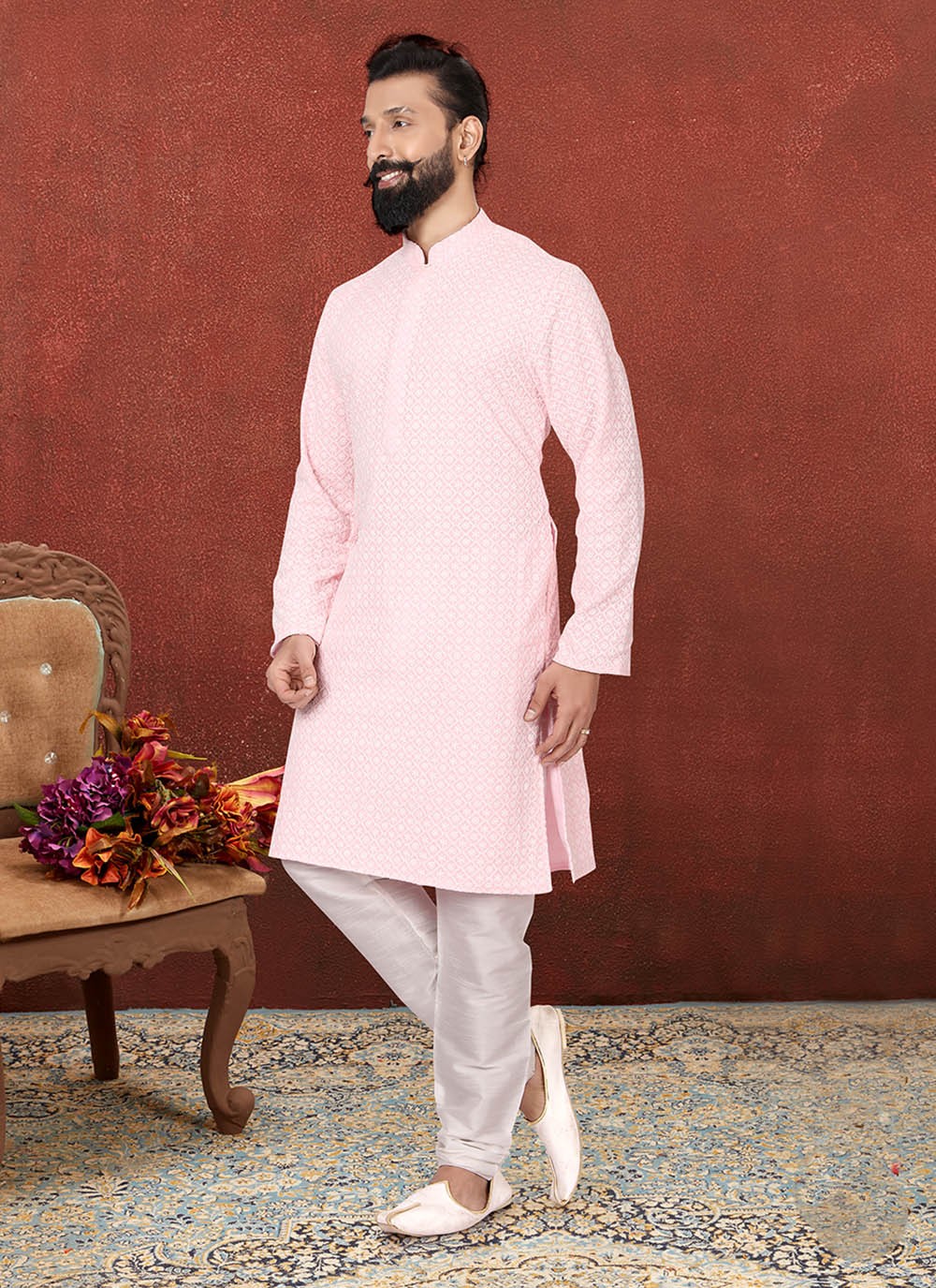 Embroidered Georgette Pink Kurta Pyjama - M2574