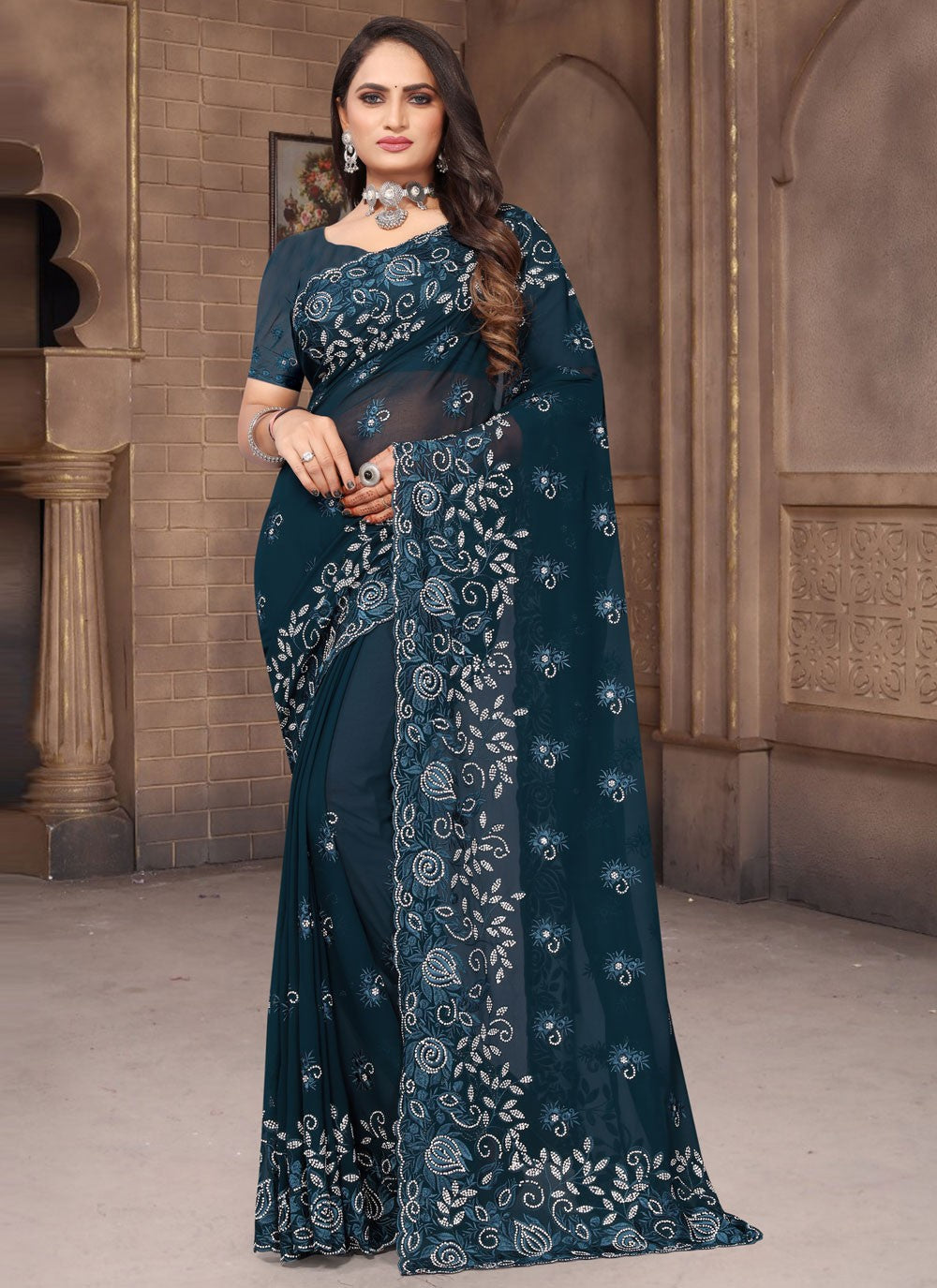 Trendy Machine Embroidery Georgette Saree - S4263