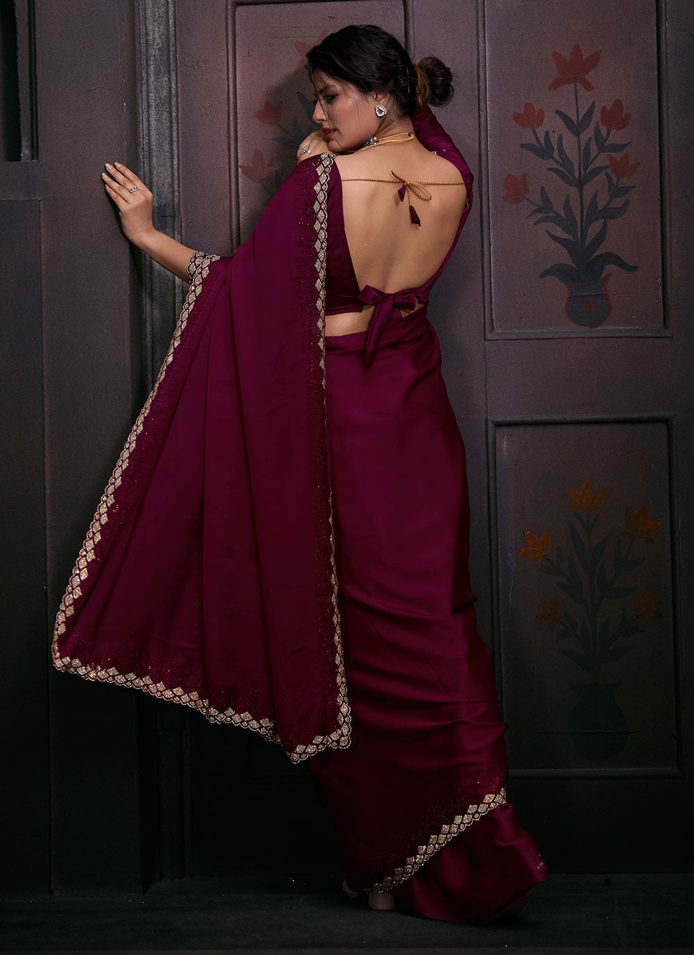 Classic Hand Embroidery Georgette Satin Saree - S5882