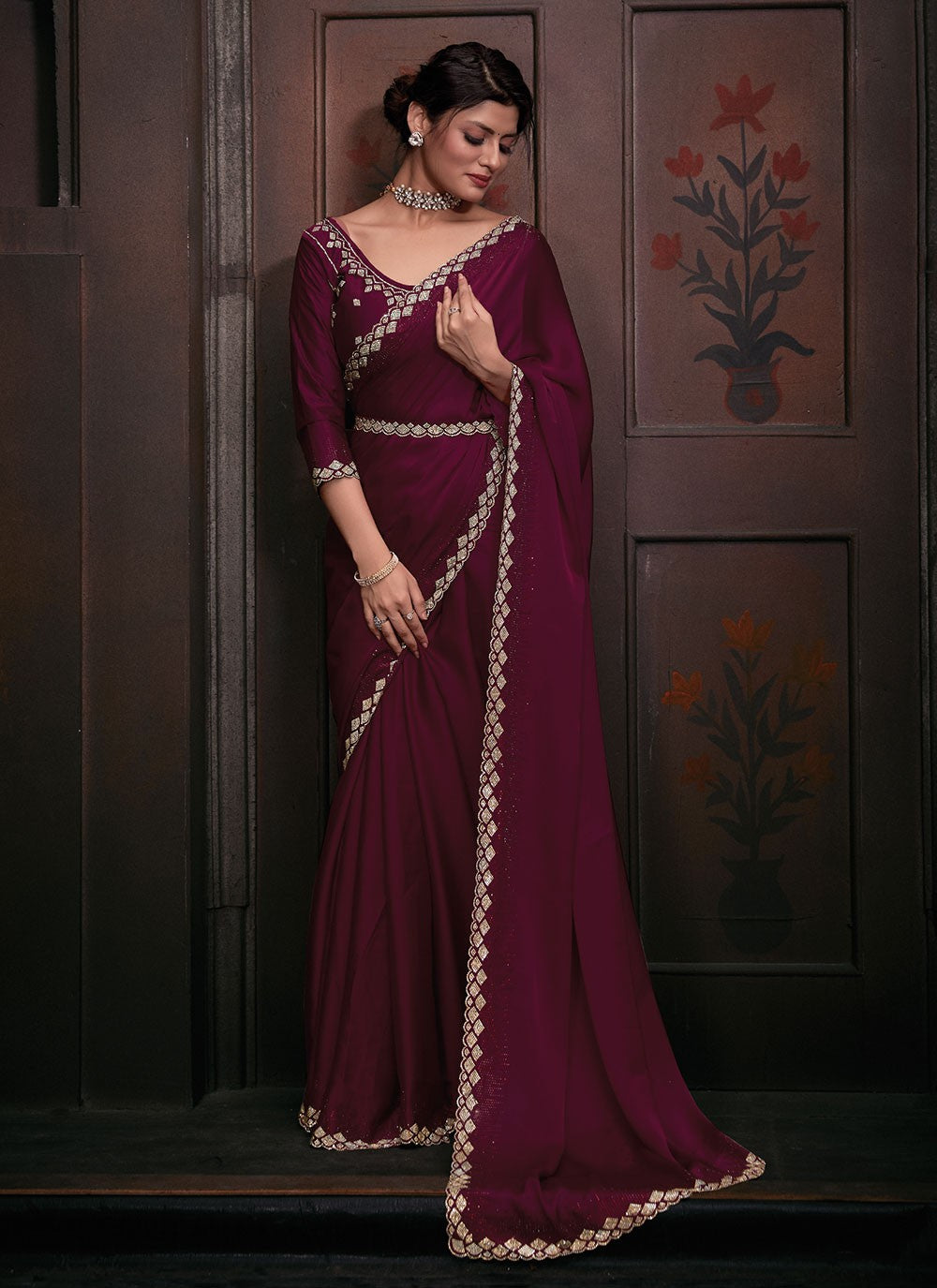 Classic Hand Embroidery Georgette Satin Saree - S5882