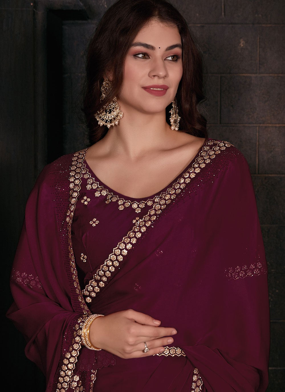 Trendy Border Work Georgette Satin Saree - S5664