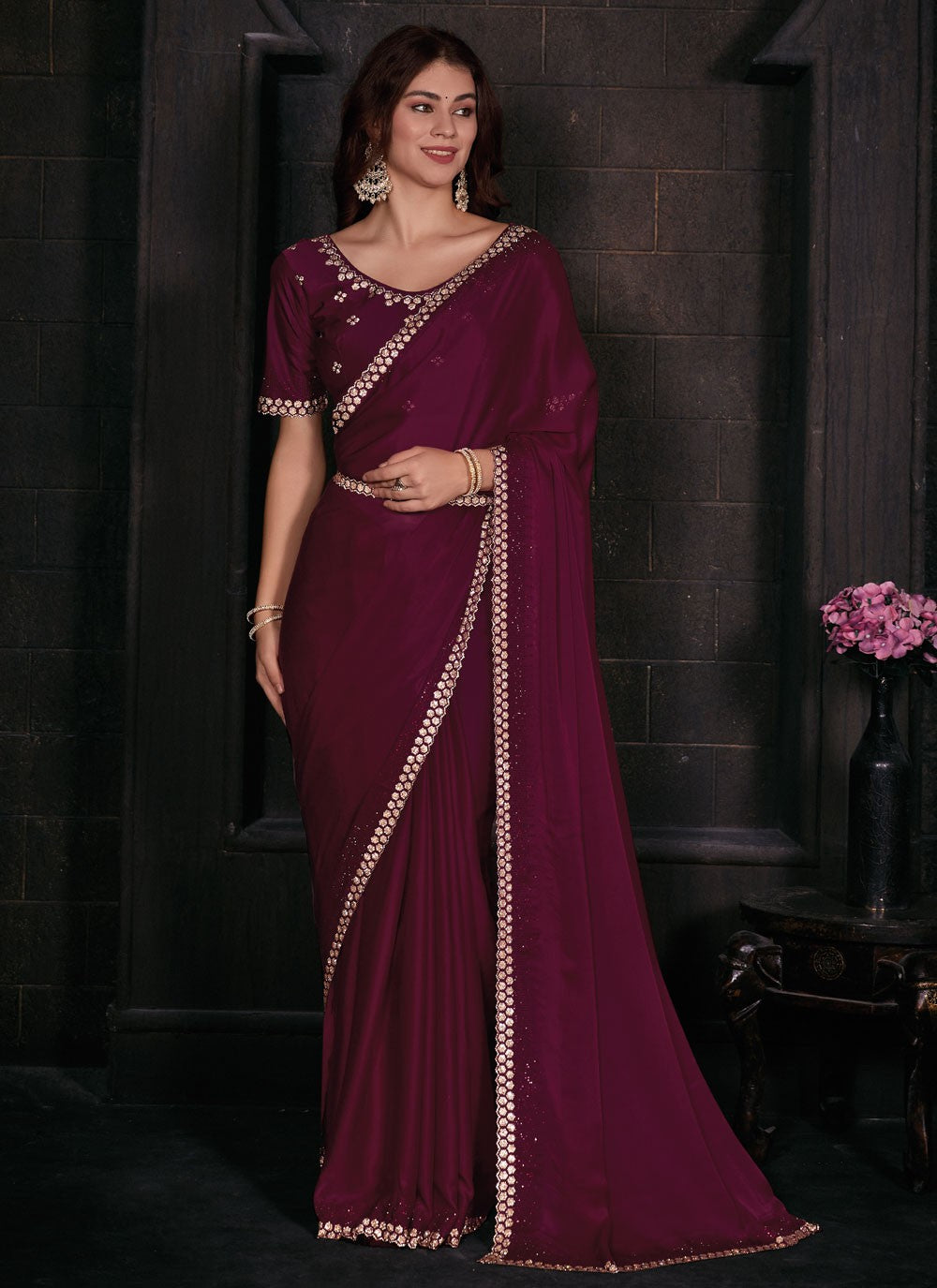 Trendy Border Work Georgette Satin Saree - S5664