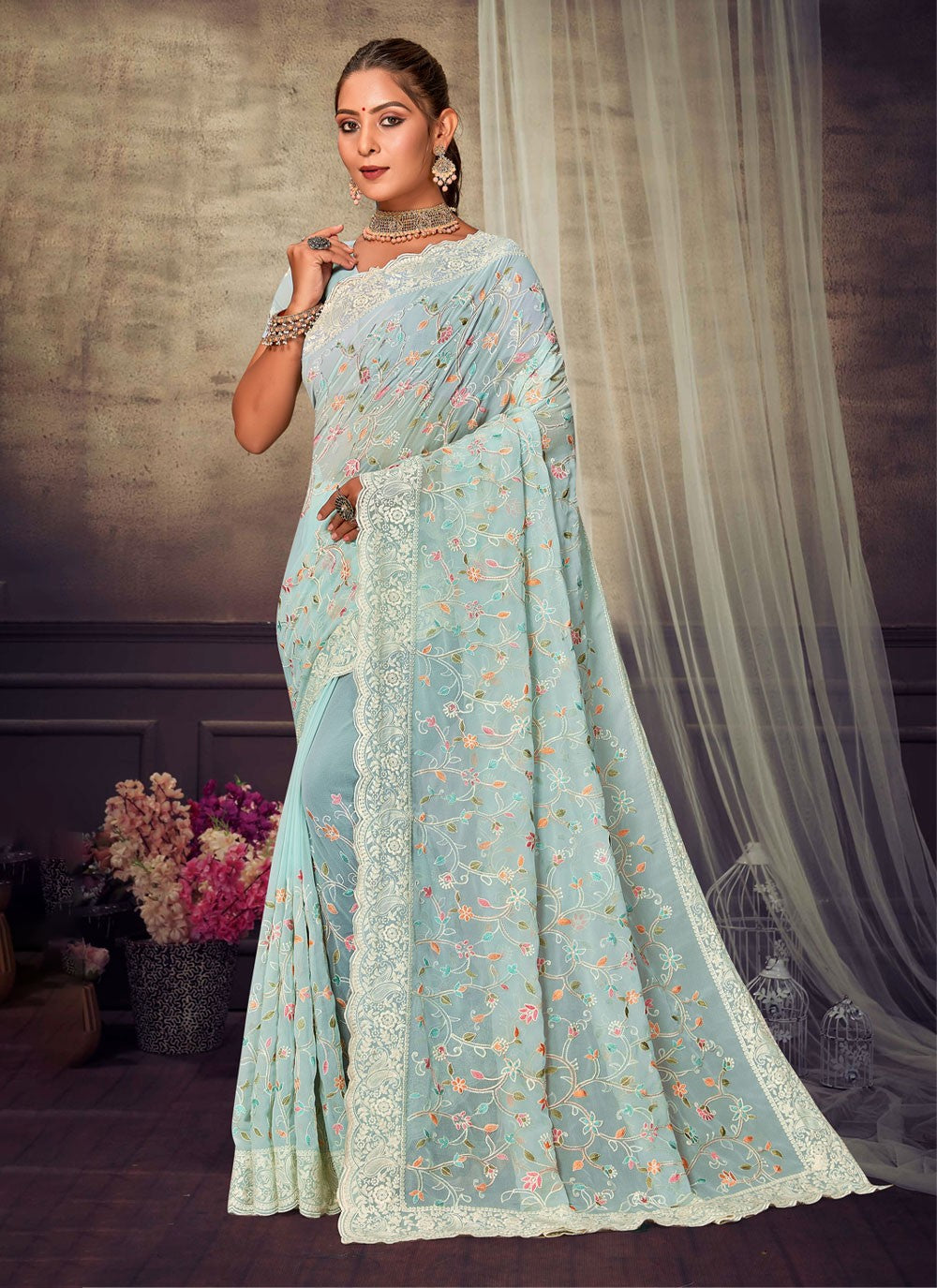 Trendy Embroidered Georgette Saree - S4200