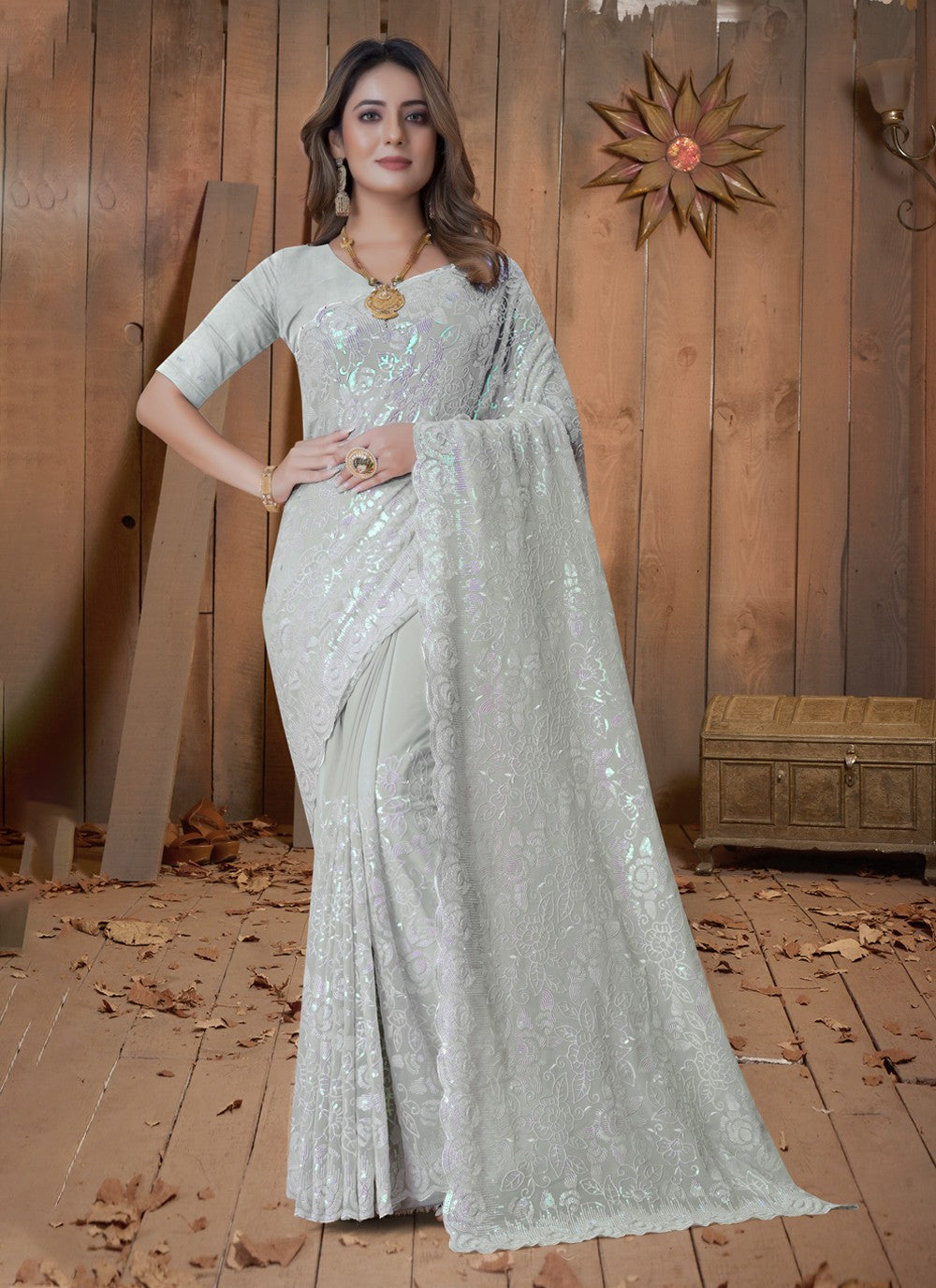 Trendy Embroidered Georgette Saree - S3586