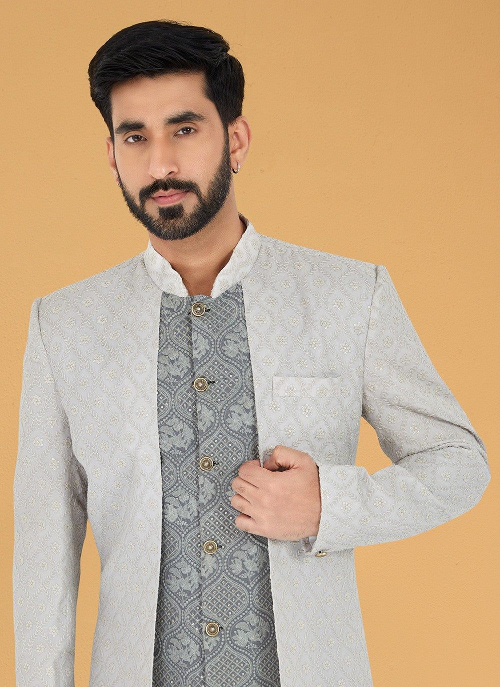 Embroidered Georgette Grey, Silver Indo Western - M5007