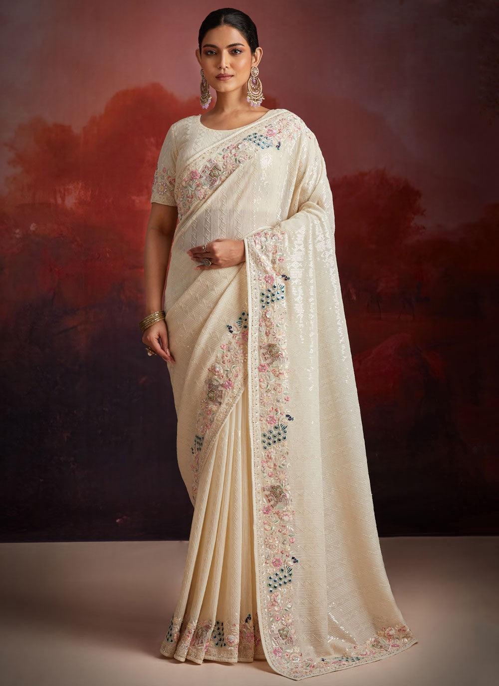 Cutdana, Embroidered, Sequins, Thread Organza Saree - S12047