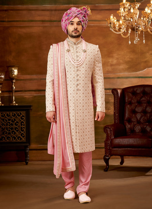 Hand Embroidery Georgette Cream Sherwani - M4289