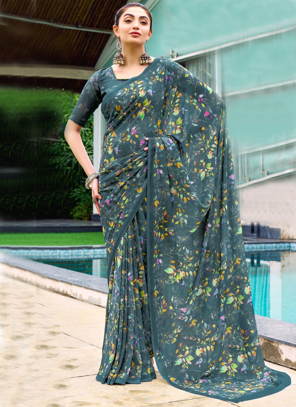 Classic Digital Print Georgette, Weight Less Saree - S9179