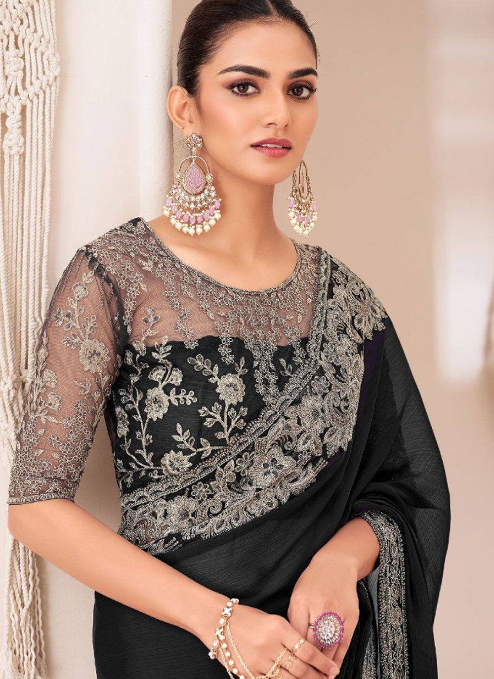 Embroidered, Lace Chiffon Saree - S11765