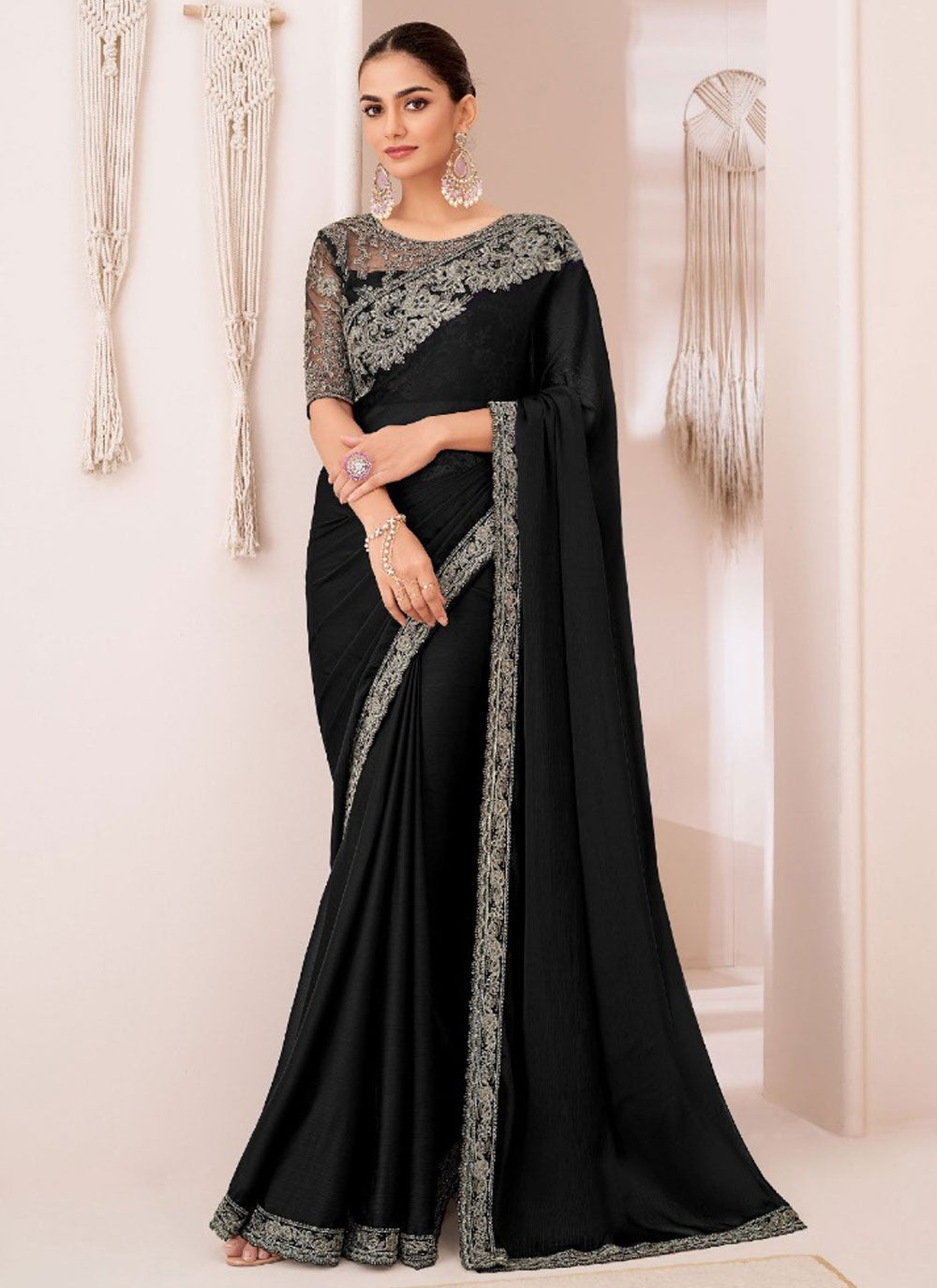 Embroidered, Lace Chiffon Saree - S11765