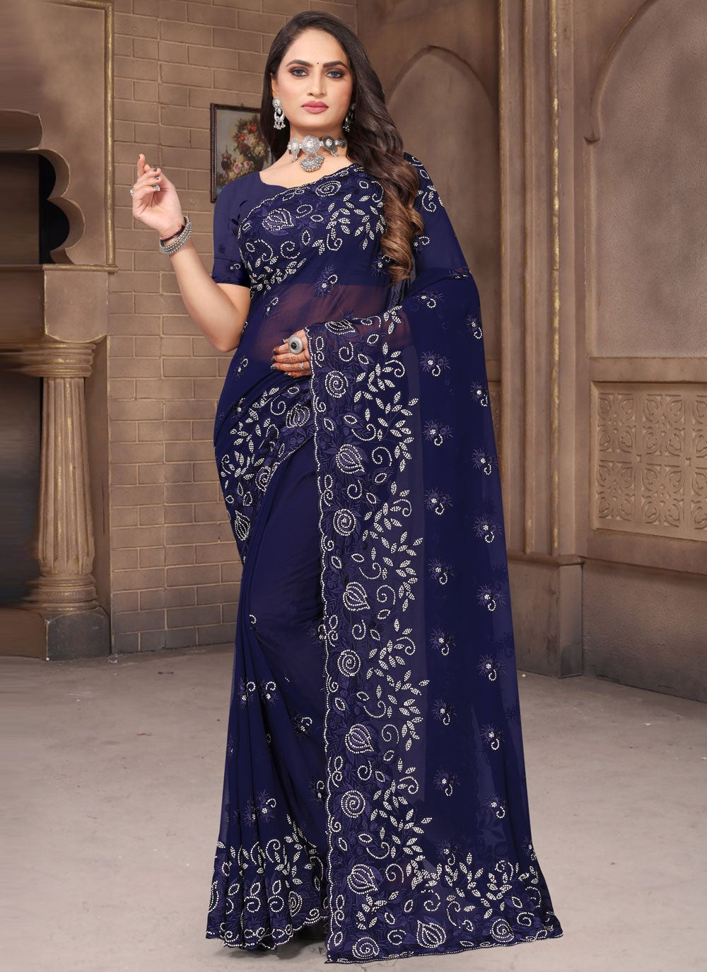 Trendy Machine Embroidery Georgette Saree - S4263