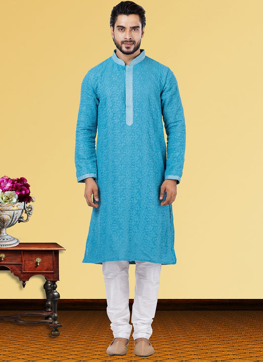 Embroidered Georgette Turquoise Kurta Pyjama - M3733