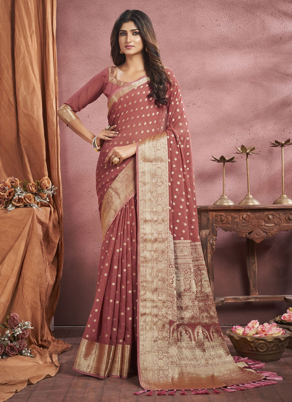 Saree Weaving Zari Georgette, Viscose Saree - S4190