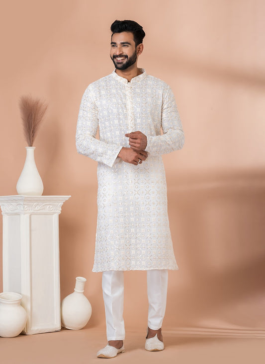 Embroidered Georgette White Kurta Pyjama - M6830