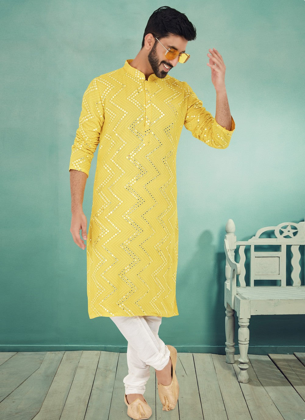 Embroidered Georgette Yellow Kurta Pyjama - M4978