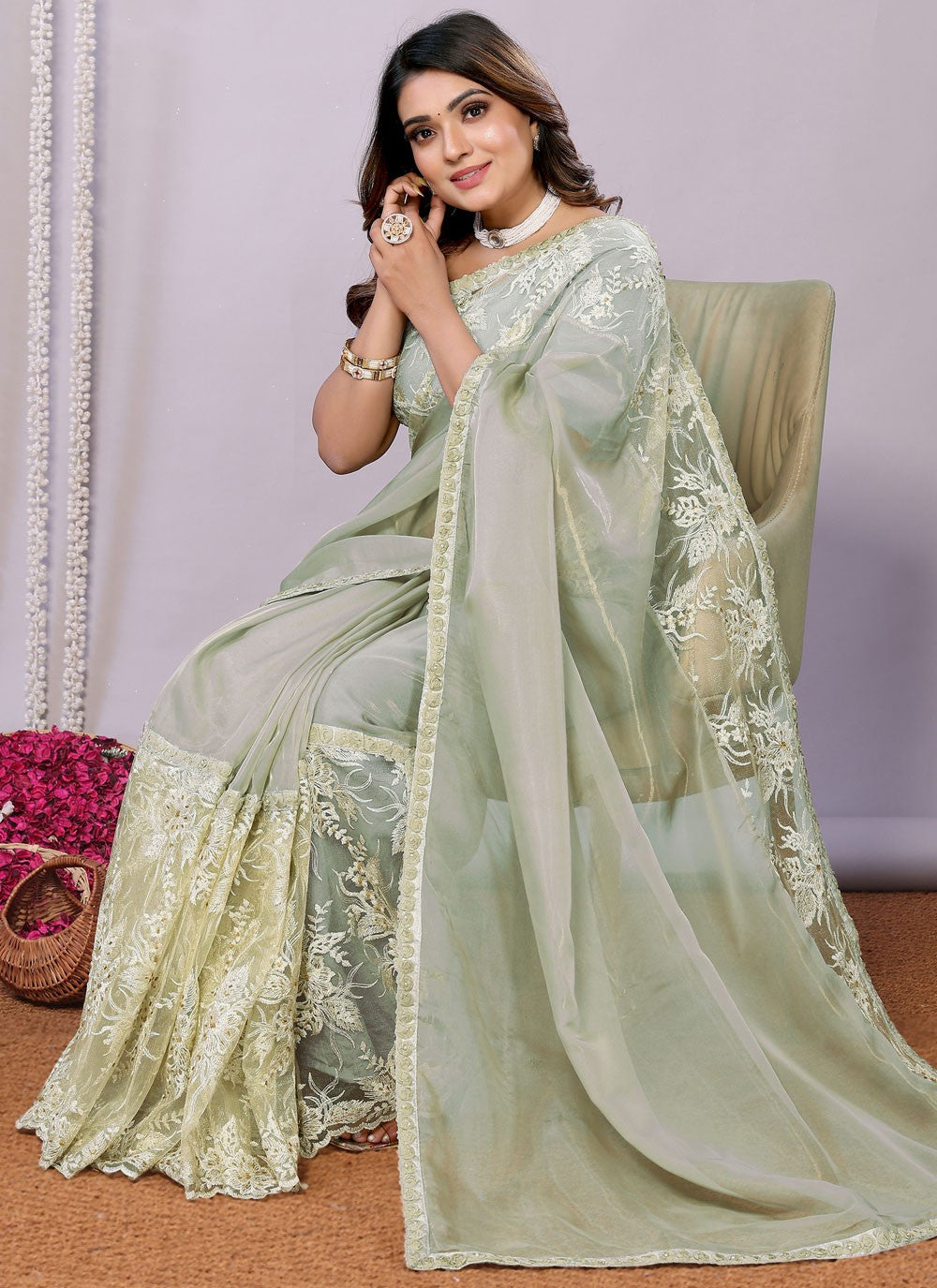 Sequins, Thread, Zari Net Saree - S11513