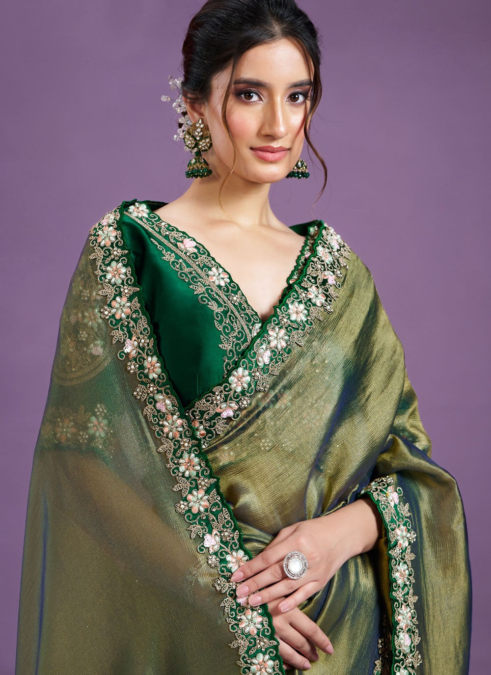 Designer Aari Work Glass Tissue Green Saree - S11325