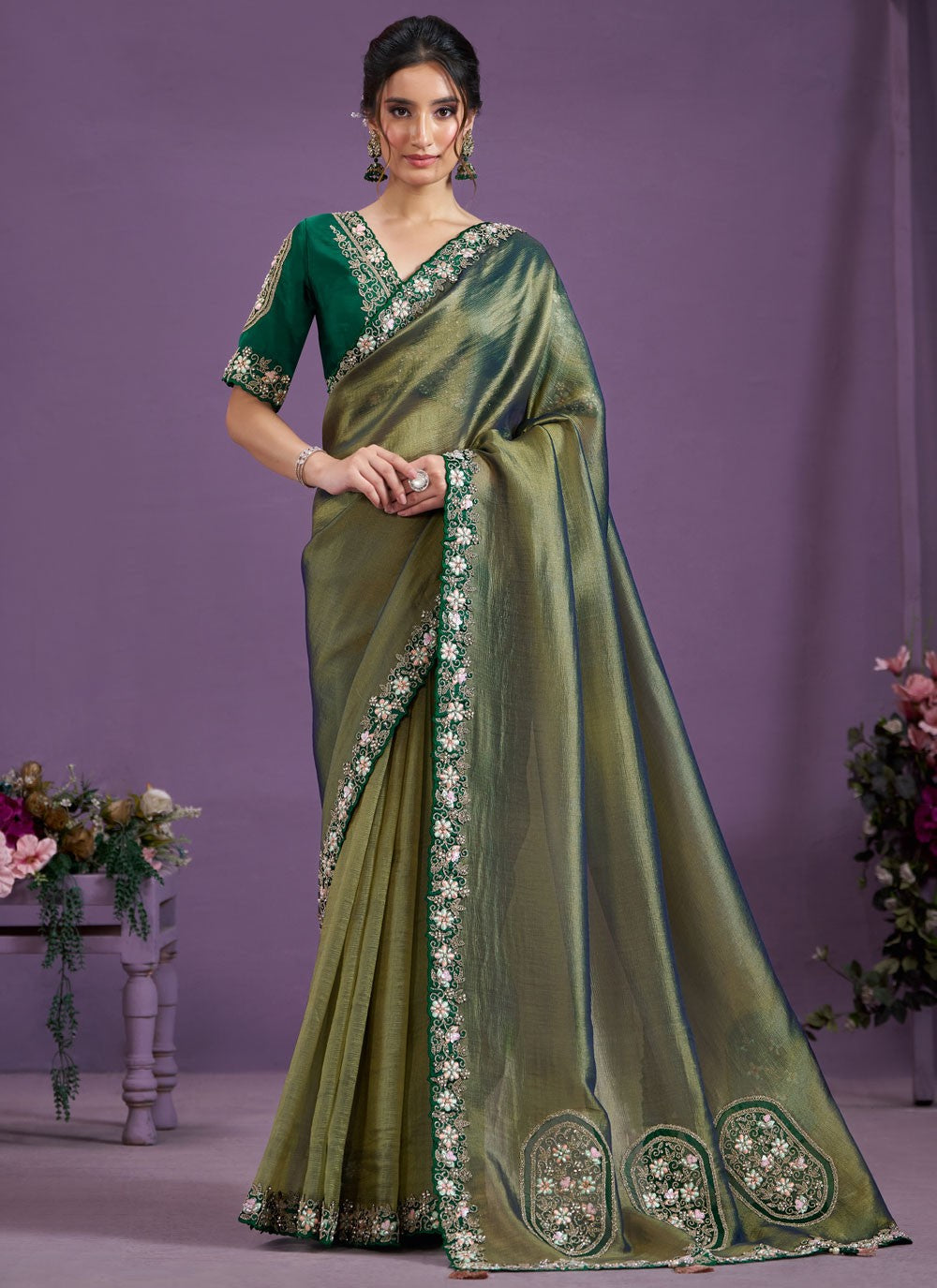 Designer Aari Work Glass Tissue Green Saree - S11325