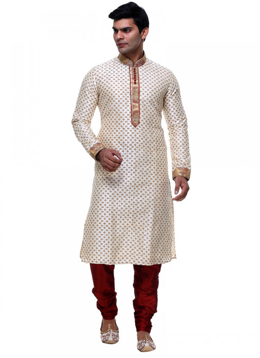 Embroidered Silk Cream Kurta Pyjama - M1017